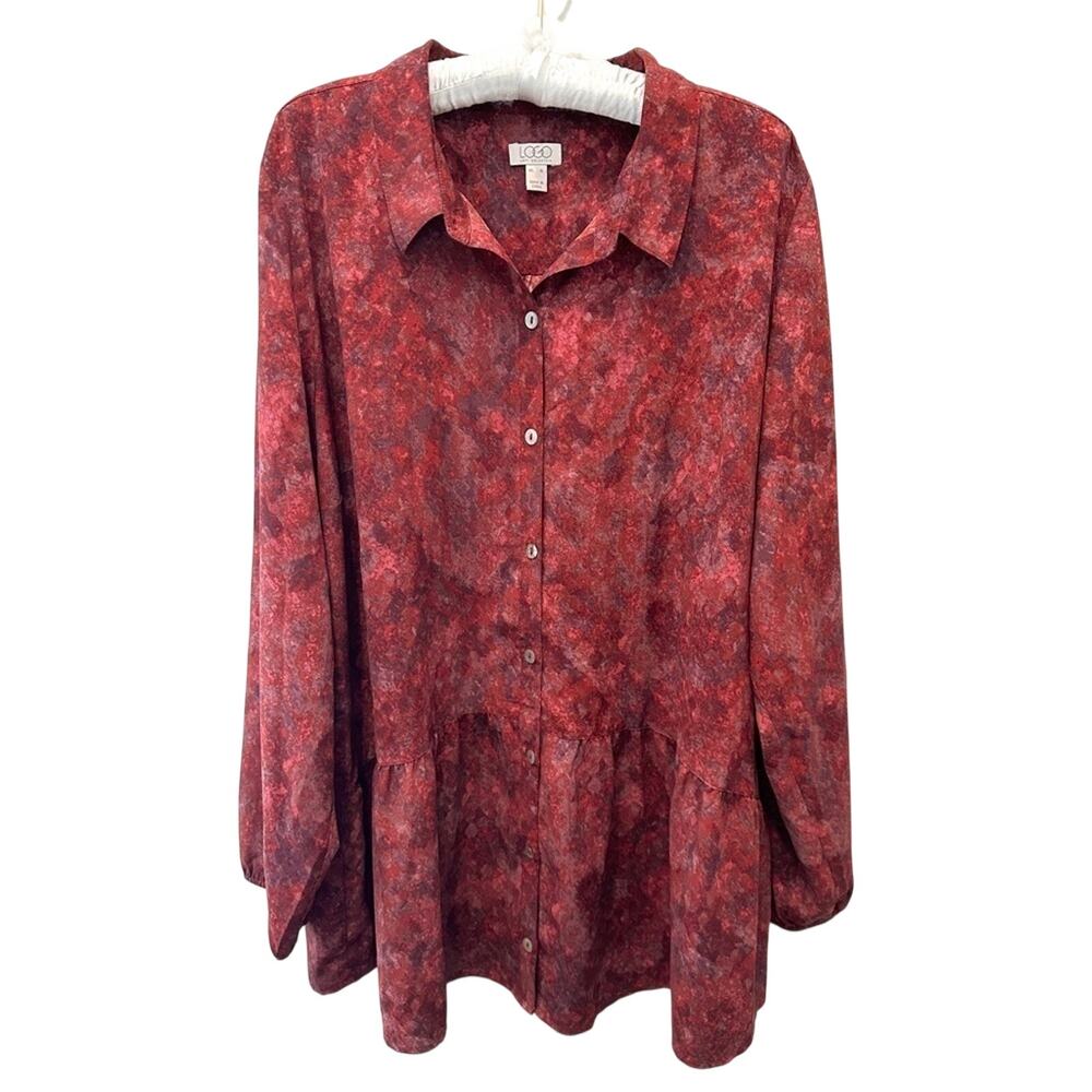 LOGO Lori Goldstein Red Print Peplum Tunic Blouse Button Front Top Workwear XL